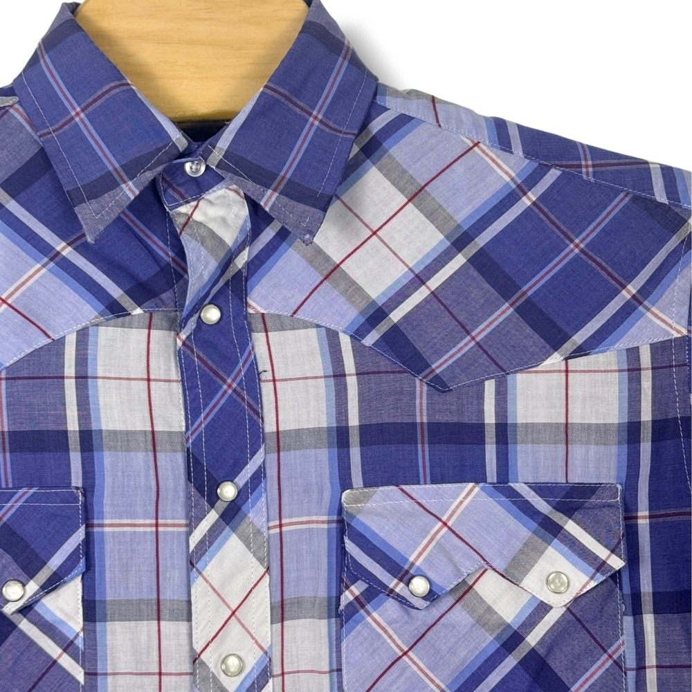 Vintage Rustler x Wrangler Western Pearl Snap Shirt Men Medium Blue Red Plaid